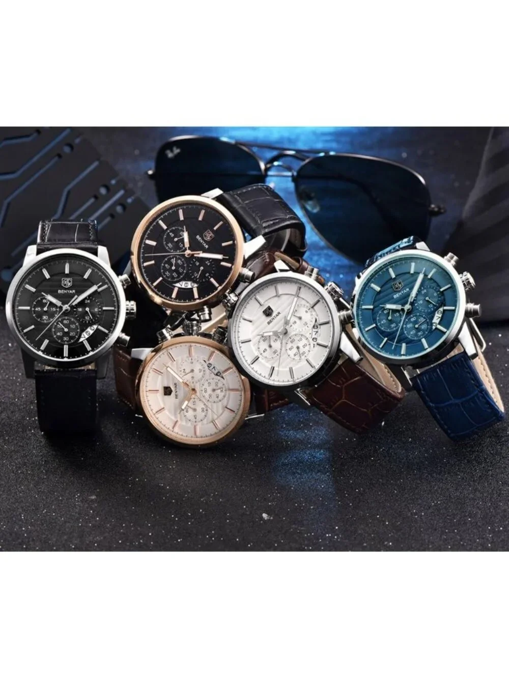 Mens Silver White Analog Quartz Leather Strap Chronograph Waterproof Wrist Watch